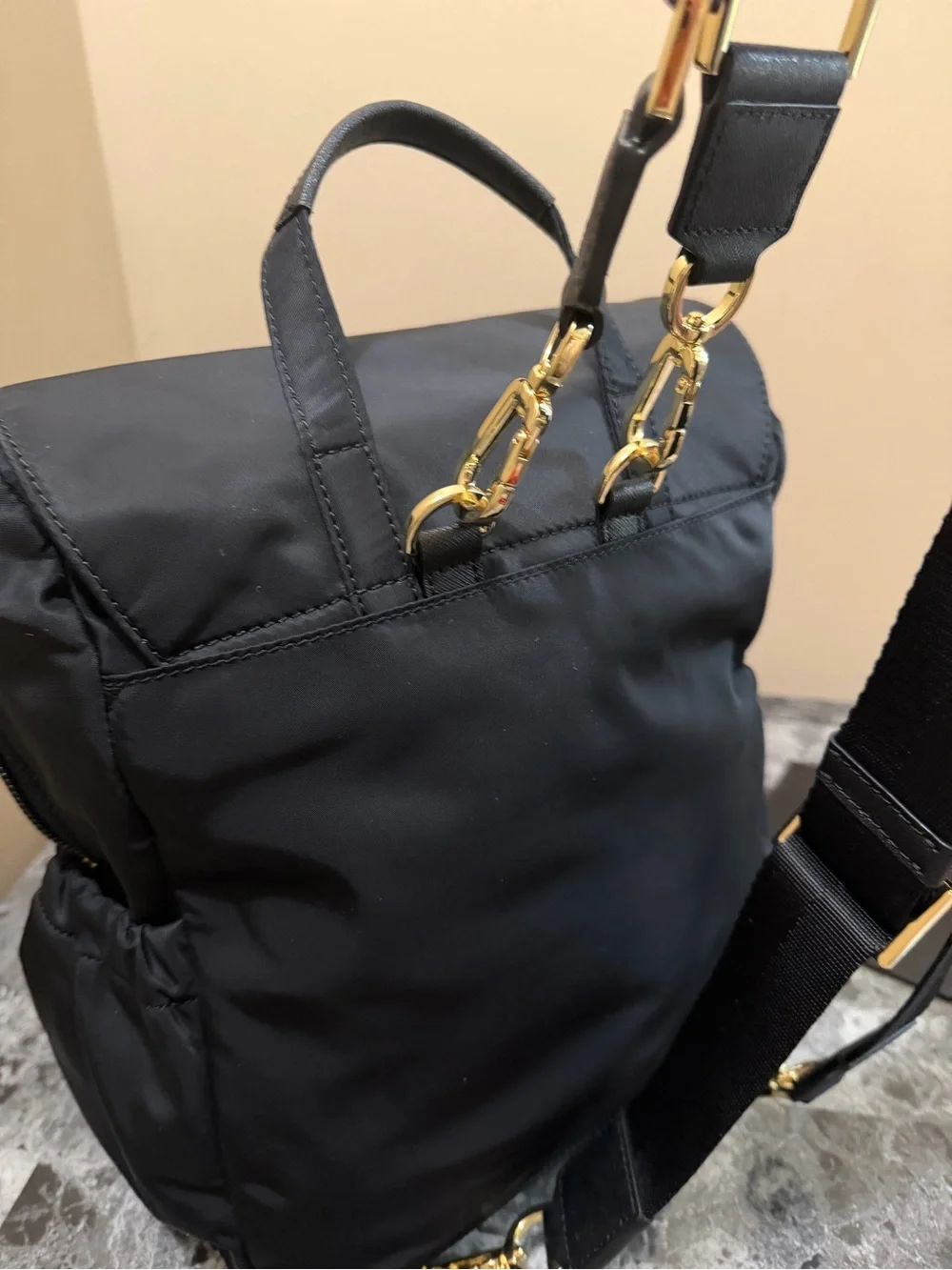 Tory Burch Black Nylon Backpack with Logo Flap